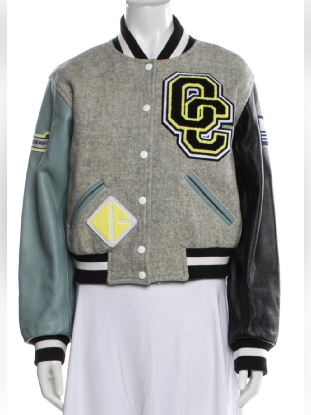 Opening Ceremony Gray Wool Varsity Jacket with Seafoam and Black Sleeves